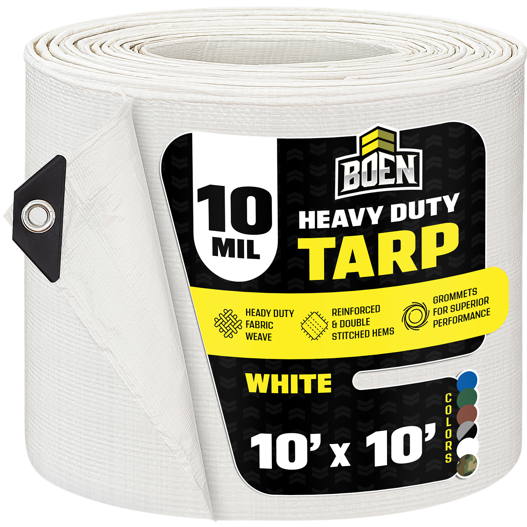 Boen 10 ft x 10 ft White Tarp, 10 Mil Thick Waterproof Heavy Duty Cover, Rip Proof Tarps, Thick Weave Material, UV Resistant Great for Tarpaulin Canopy Tent, Boat, RV or Pool Cover